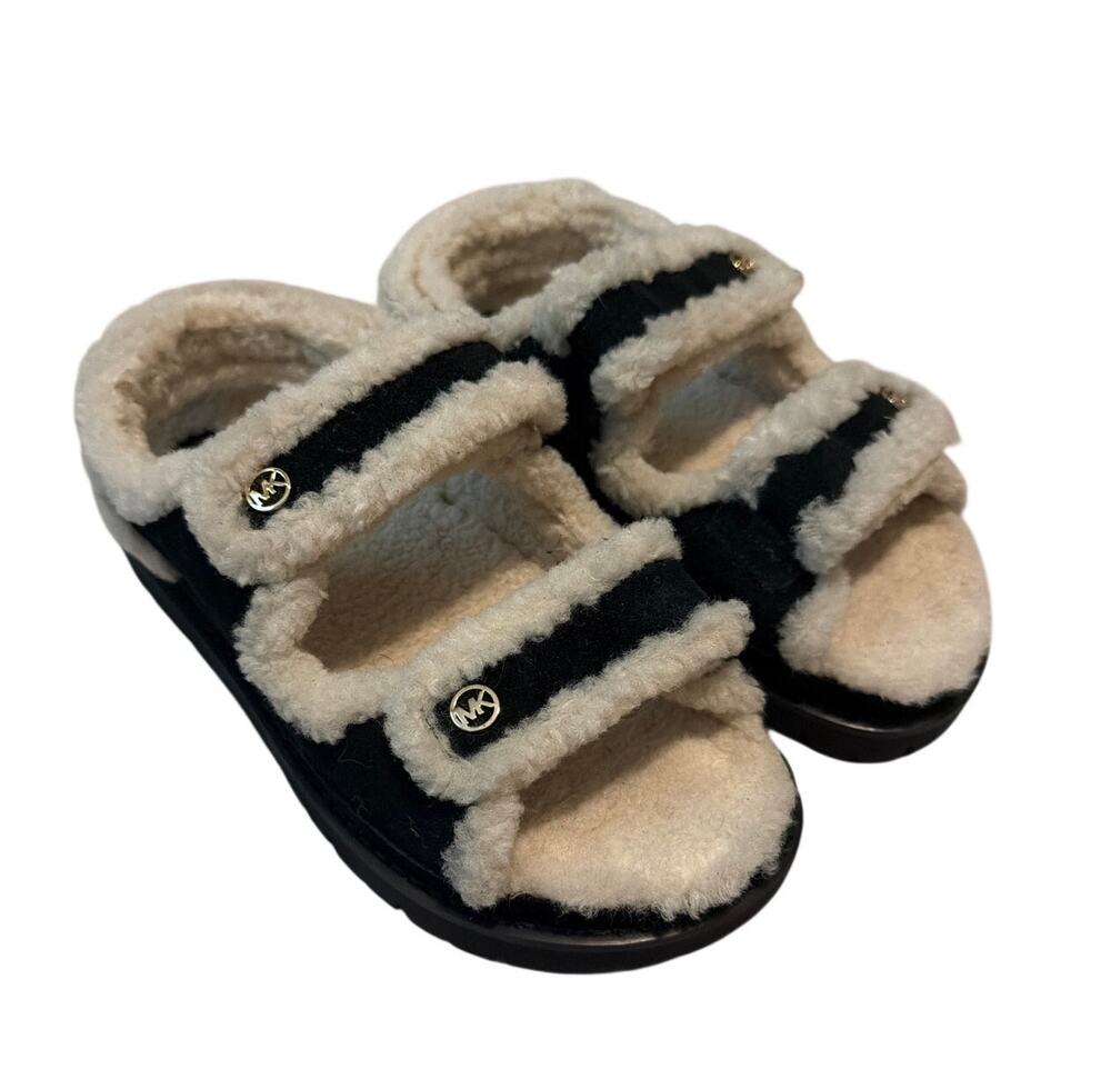 Michael Kors Holland Black Faux Shearling Slide Sandals MK Logo Size 8